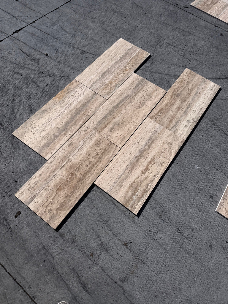 Legno D’Argento Striato Roman Silver Travertine 12X24 vein-cut beige tan stone tile