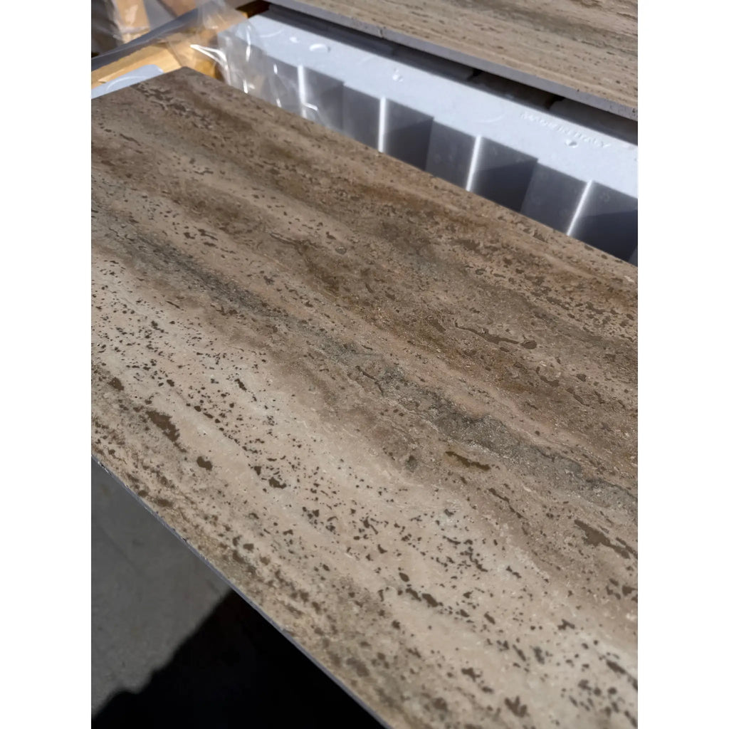 Legno D’Argento Striato beige and brown faux stone laminate countertop panel with natural veining