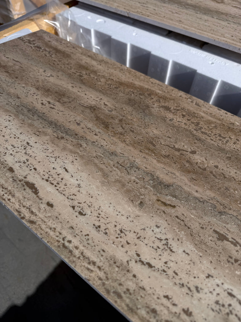 Legno D’Argento Striato beige and brown faux stone laminate countertop panel with natural veining