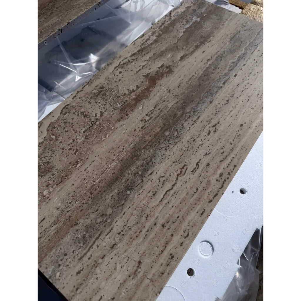 Legno D’Argento Striato Roman Silver Travertine 12x24 vein-cut tile slab