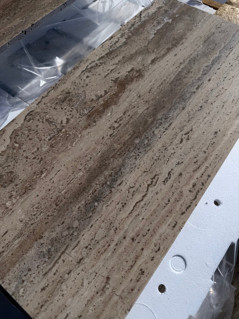 Legno D’Argento Striato Roman Silver Travertine 12x24 vein-cut tile slab