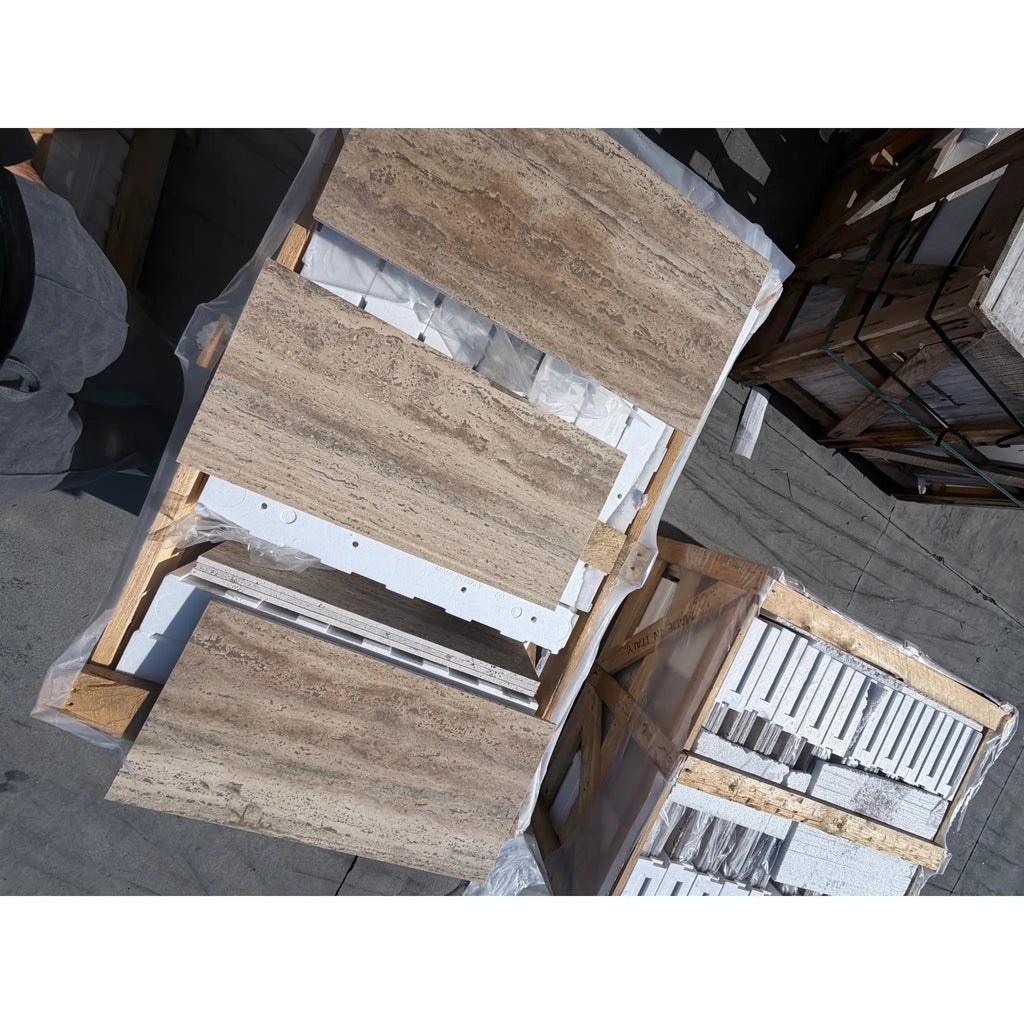 Legno D’Argento Striato Roman Silver Travertine 12X24 vein-cut tile slabs on wooden pallets
