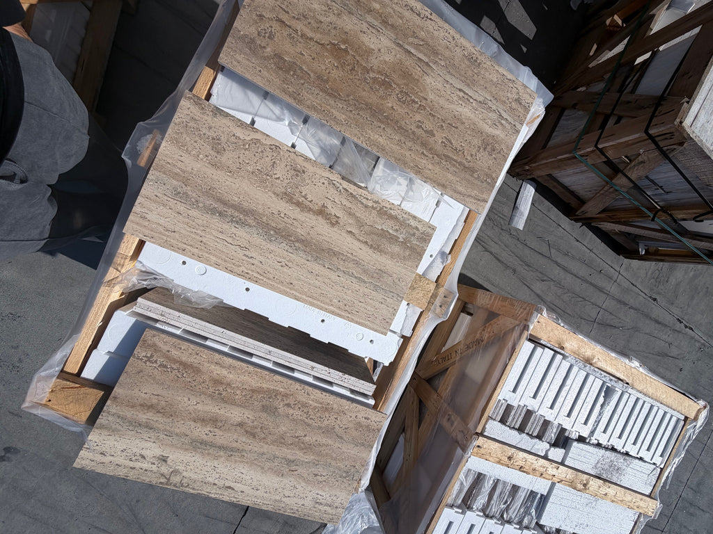 Legno D’Argento Striato Roman Silver Travertine 12X24 vein-cut tile slabs on wooden pallets