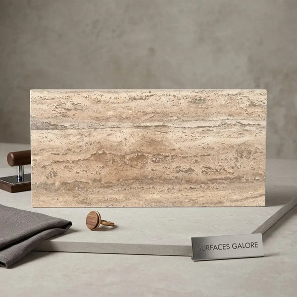 Beige legno d’argento striato roman silver travertine 12x24 vein-cut tile with natural stone veining and textured surface