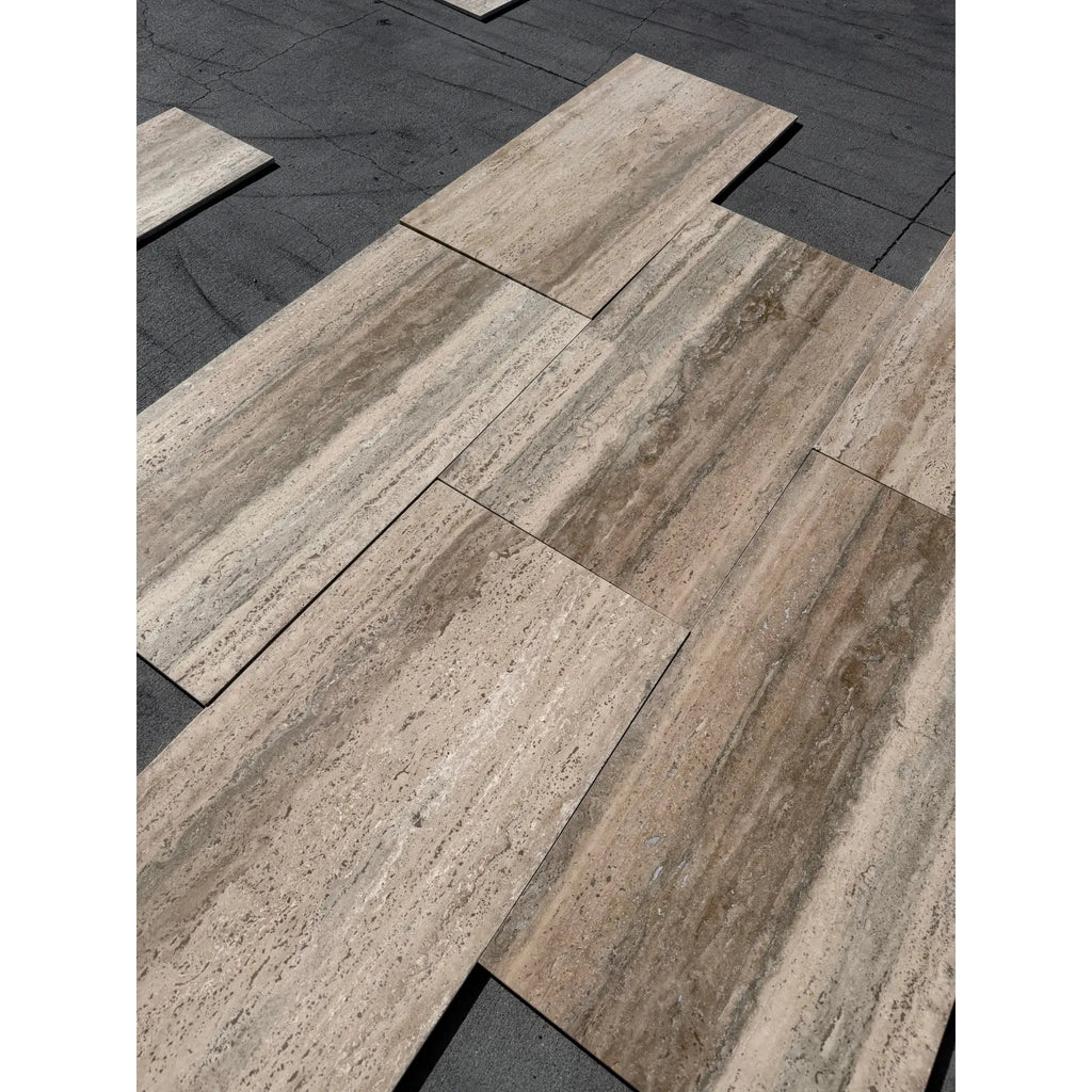 Legno D’Argento Striato Roman Silver Travertine 12x24 vein-cut tile with beige gray stone-effect and wood grain texture