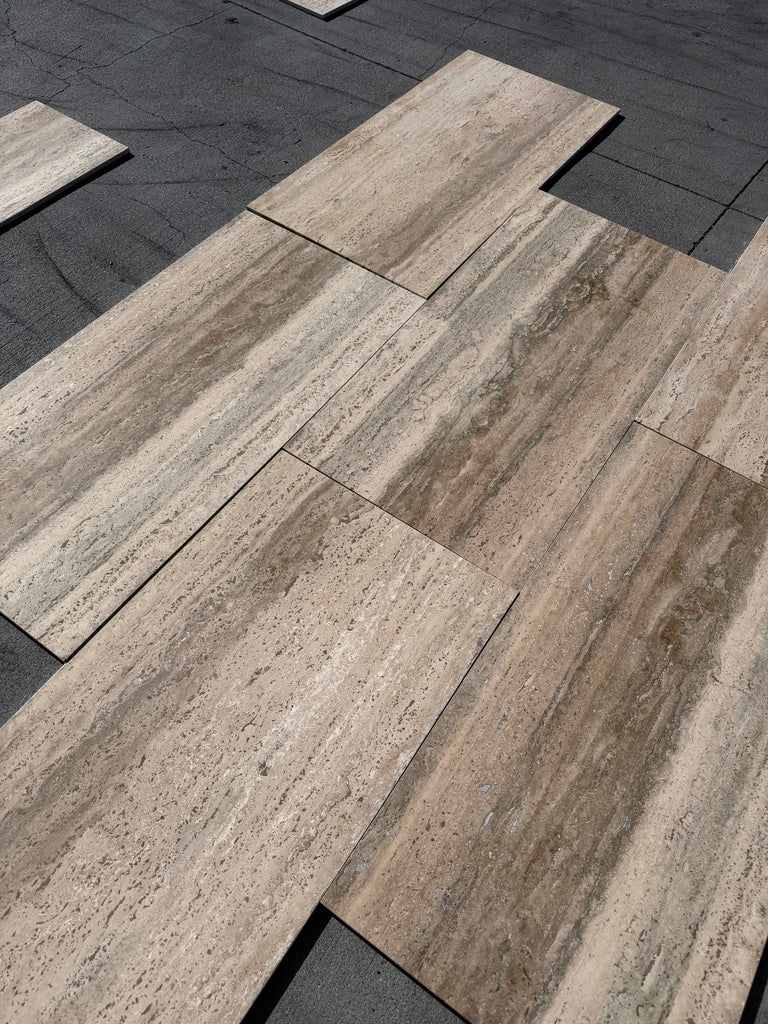 Legno D’Argento Striato Roman Silver Travertine 12x24 vein-cut tile with beige gray stone-effect and wood grain texture