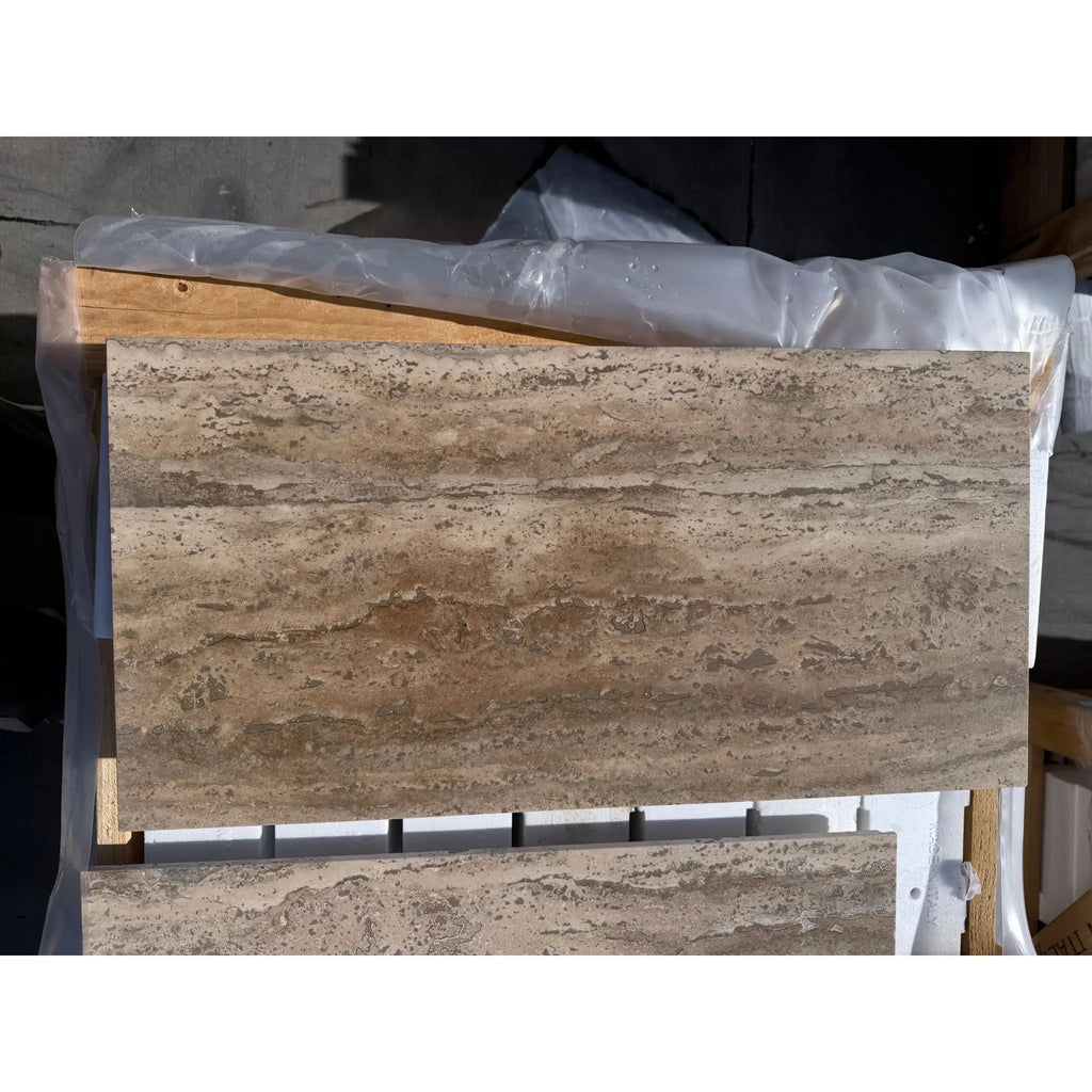Legno D’Argento Striato Roman Silver Travertine 12x24 vein-cut tile slab
