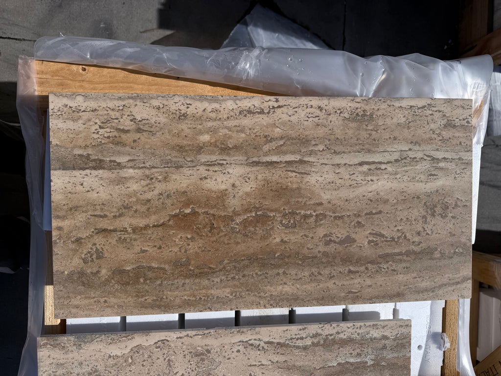 Legno D’Argento Striato Roman Silver Travertine 12x24 vein-cut tile slab
