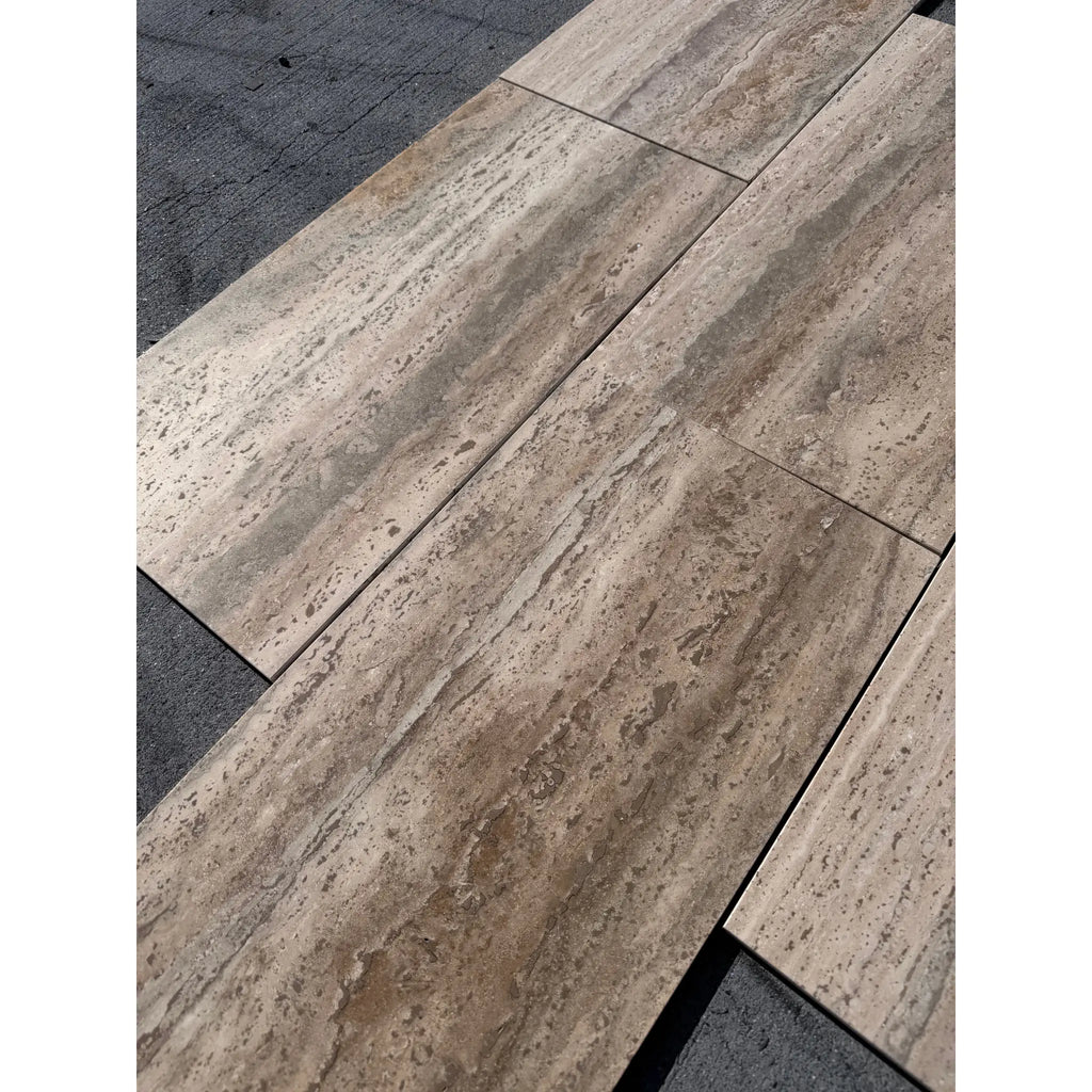 Legno D’Argento Striato Roman Silver Travertine 12x24 vein-cut tile