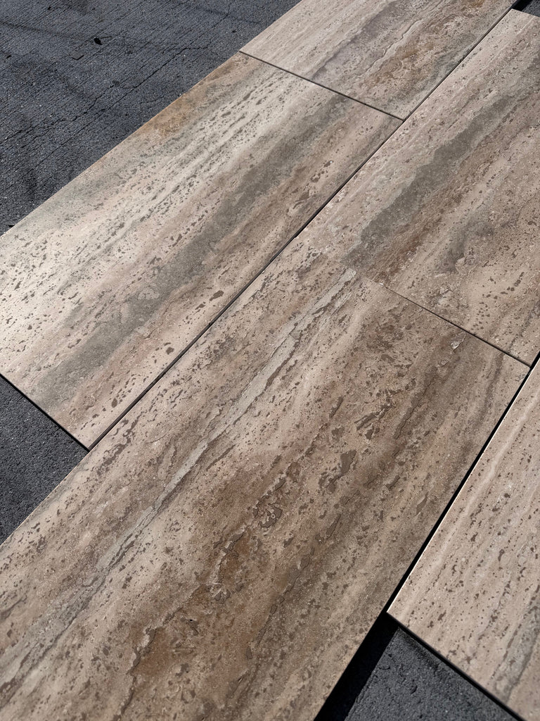 Legno D’Argento Striato Roman Silver Travertine 12x24 vein-cut tile
