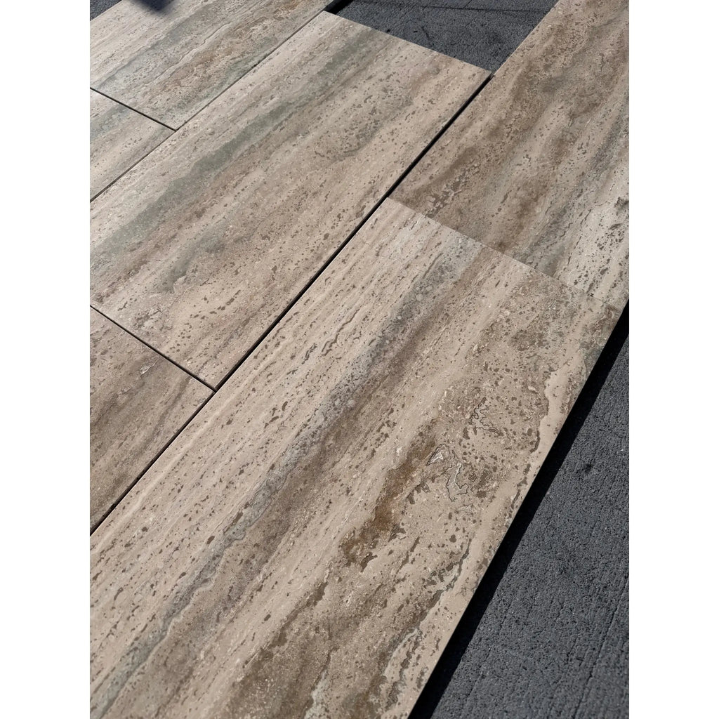 Legno D’Argento Striato Roman Silver Travertine 12X24 vein-cut tile with beige-gray wood-grain texture