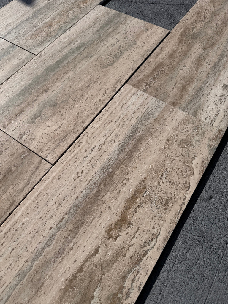 Legno D’Argento Striato Roman Silver Travertine 12X24 vein-cut tile with beige-gray wood-grain texture