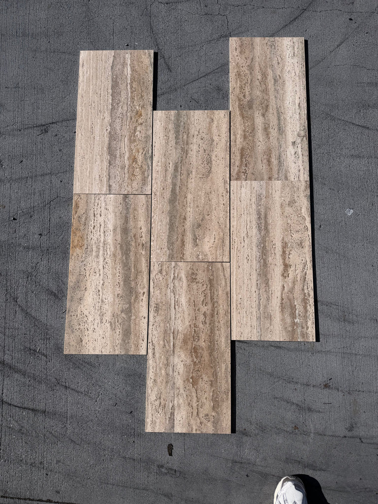 Legno D’Argento Striato Roman Silver Travertine 12x24 vein-cut tile in beige tones