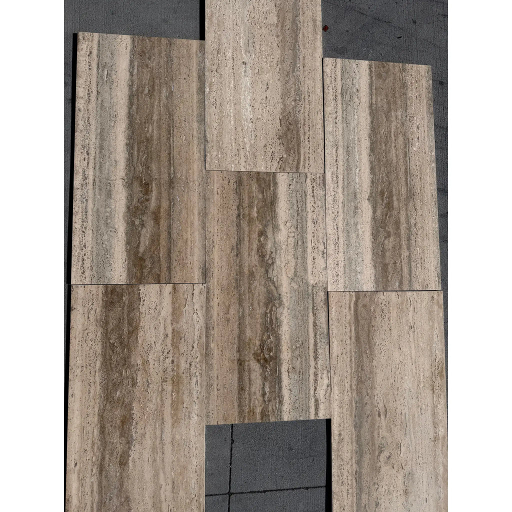Legno D’Argento Striato Roman Silver Travertine 12x24 vein-cut tile in beige gray stone