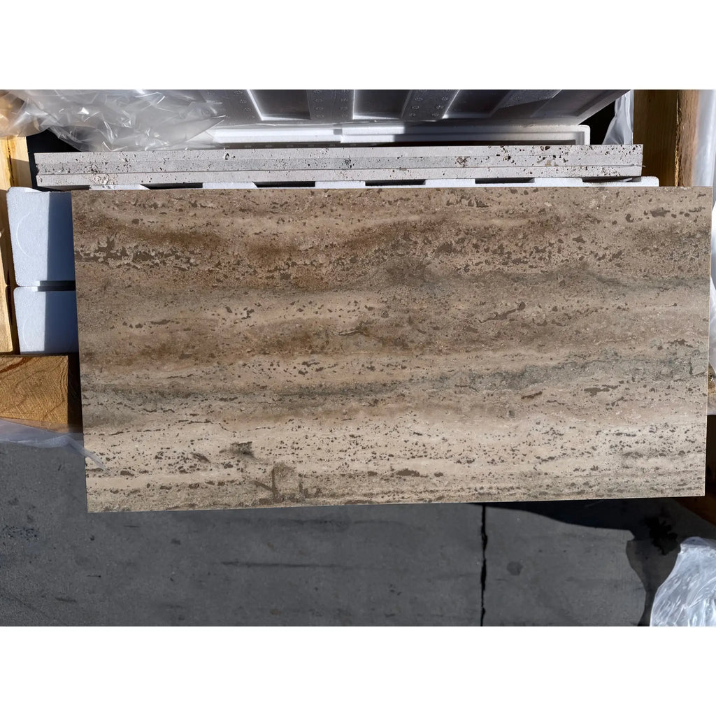 Legno D’Argento Striato Roman Silver Travertine 12x24 vein-cut tile