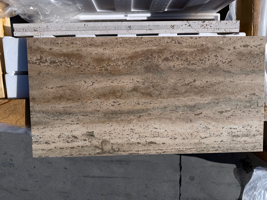 Legno D’Argento Striato Roman Silver Travertine 12x24 vein-cut tile