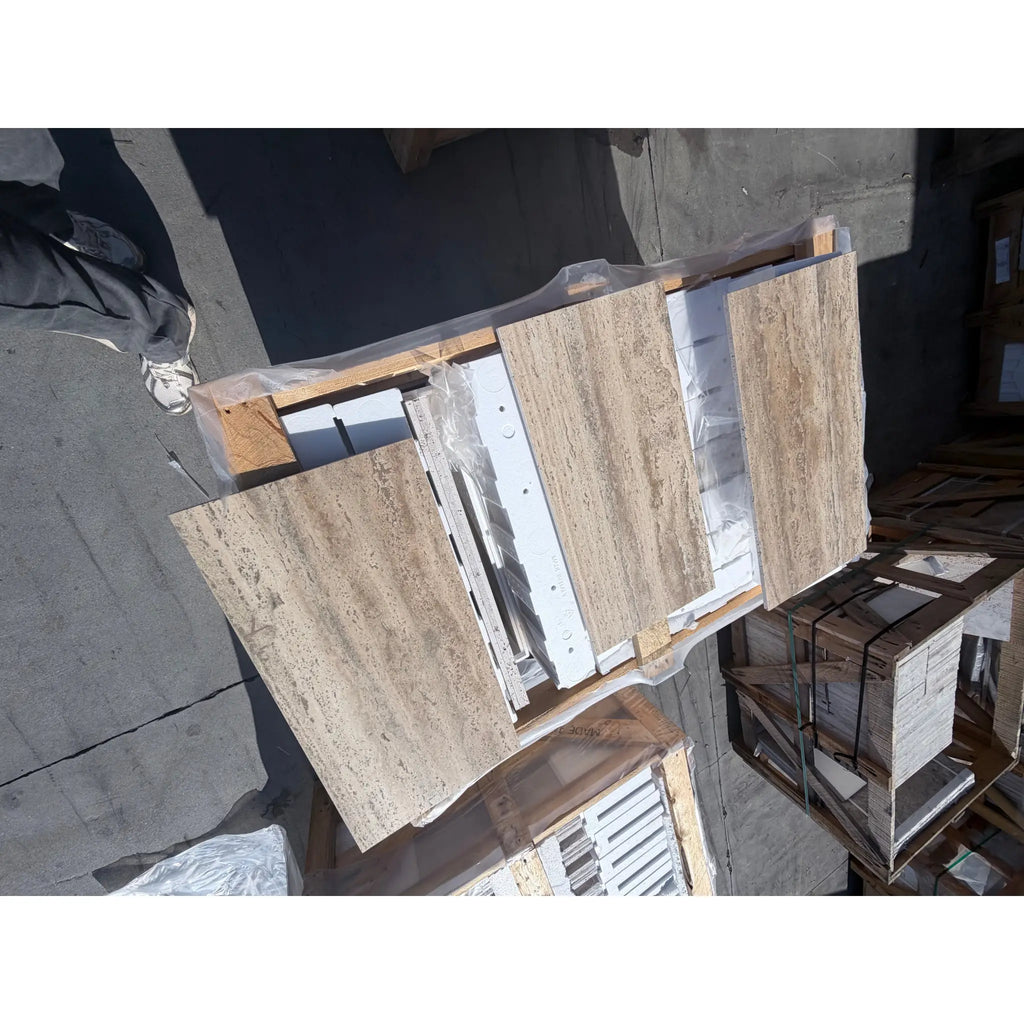 Legno D’Argento Striato beige tan travertine tile, 12x24 vein-cut, textured surface