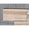 Beige Legno D’Argento Striato travertine tile with natural veining, 12x24 vein-cut, matte finish
