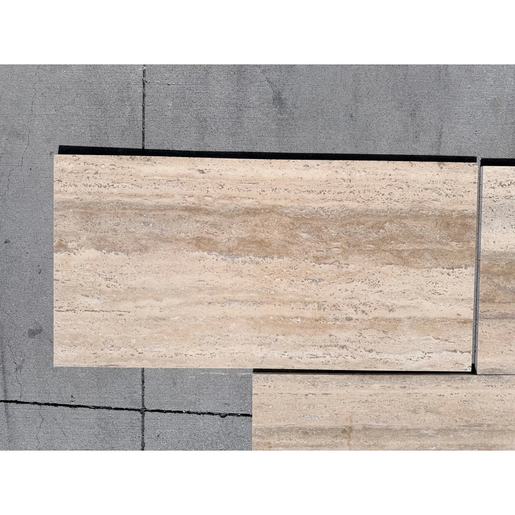 Beige Legno D’Argento Striato travertine tile with natural veining, 12x24 vein-cut, matte finish