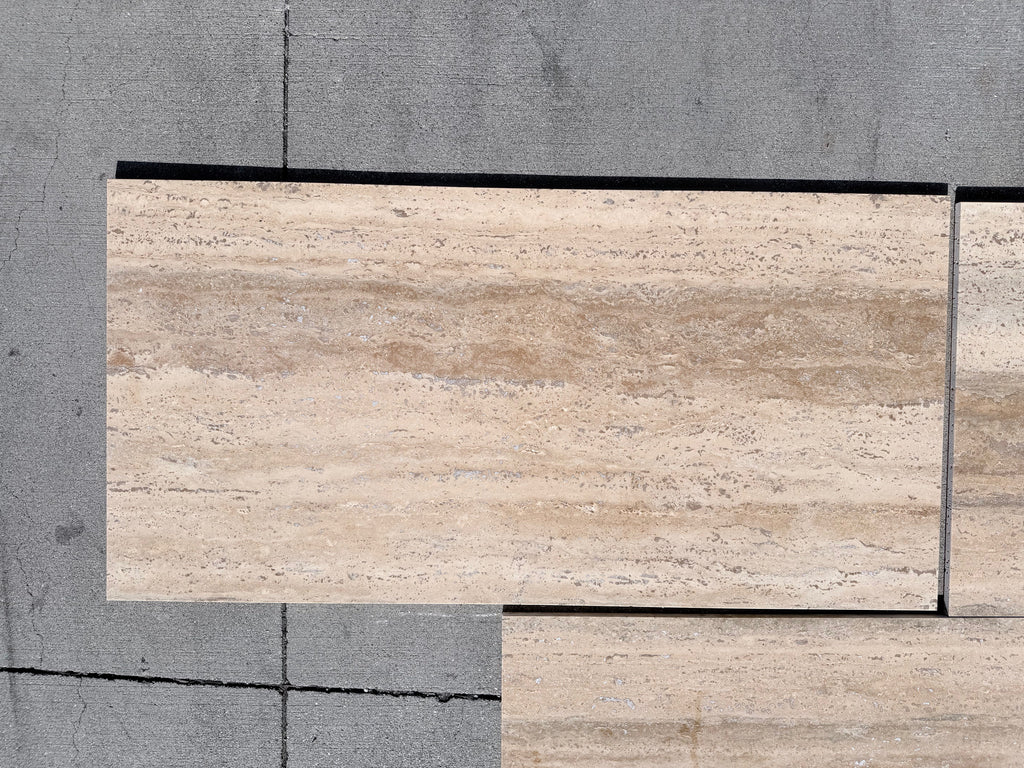Beige Legno D’Argento Striato travertine tile with natural veining, 12x24 vein-cut, matte finish