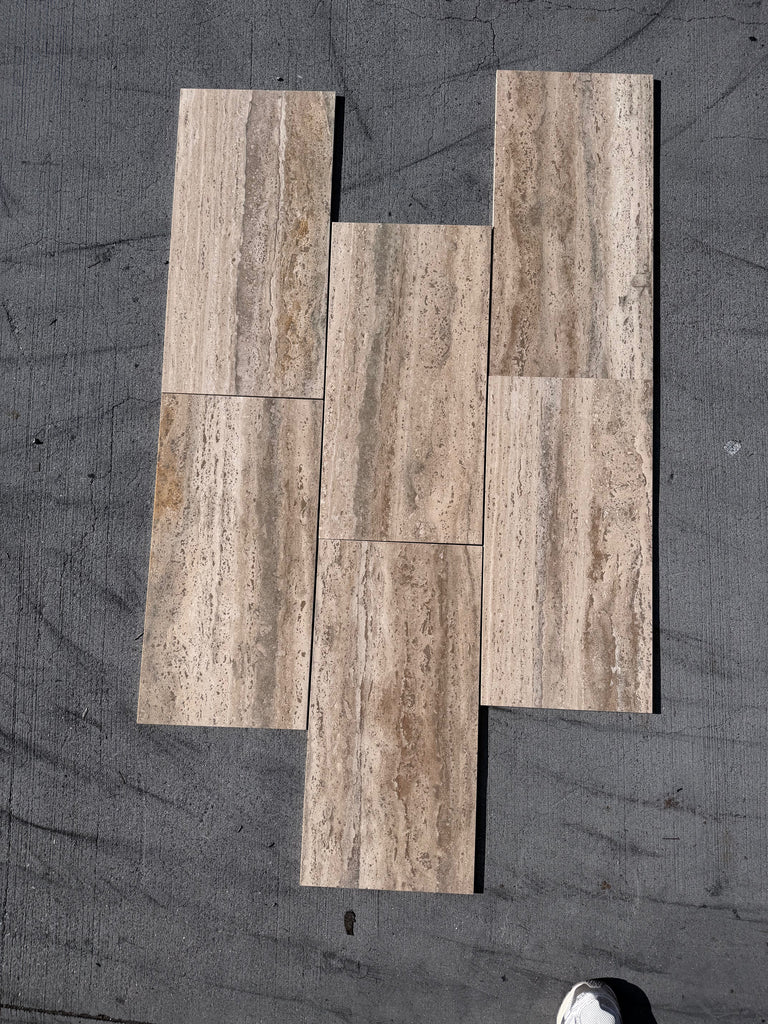 Legno D’Argento Striato beige brown veined travertine 12x24 tile