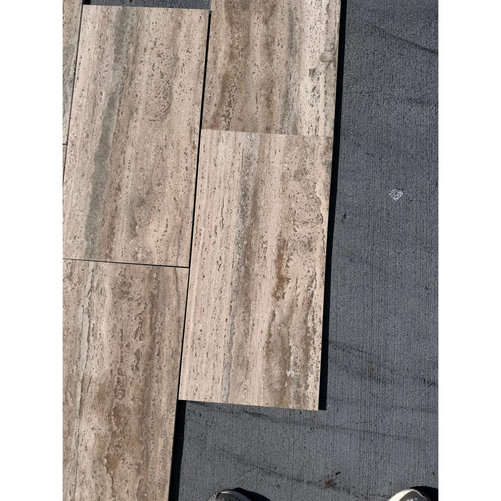 Legno D’Argento Striato Roman Silver Travertine 12x24 vein-cut tile in beige gray stone effect