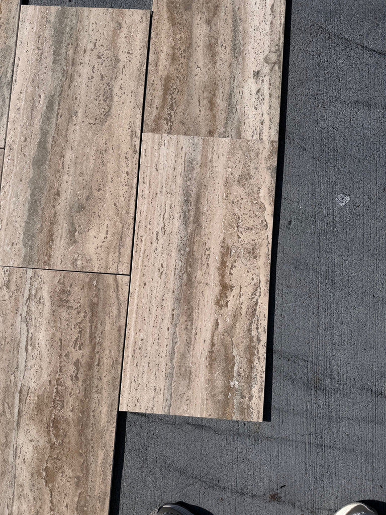 Legno D’Argento Striato Roman Silver Travertine 12x24 vein-cut tile in beige gray stone effect