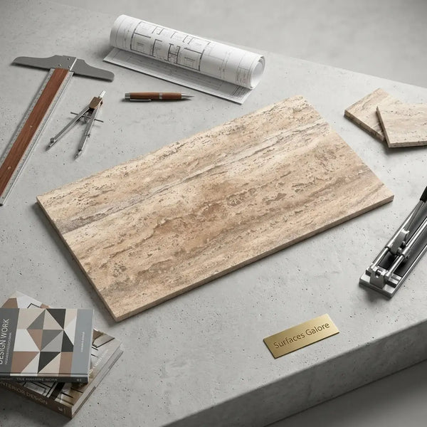 Beige legno d’argento striato roman silver travertine tile 18x36 with natural veining and matte vein-cut finish