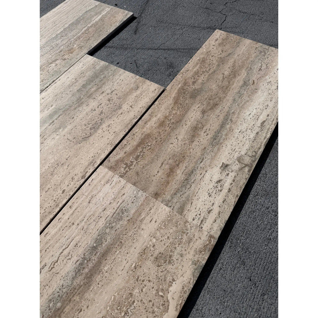 Legno D’argento Striato Roman Silver Travertine 18x36 vein-cut beige gray stone tiles