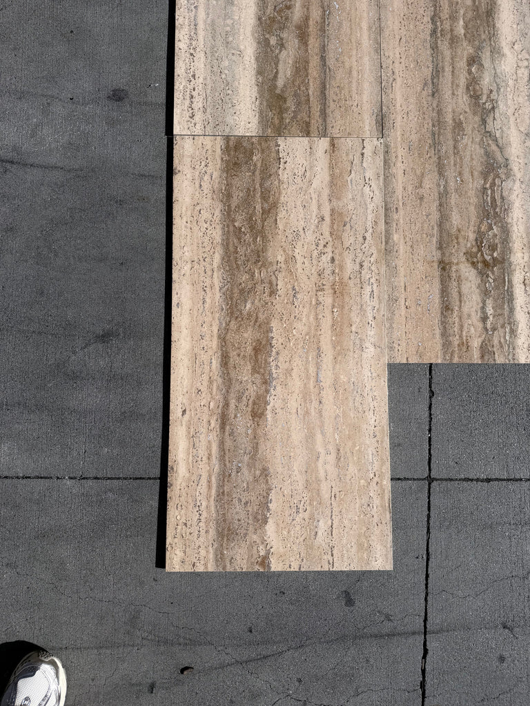 Beige and tan Legno D’argento Striato Roman Silver Travertine 18x36 vein-cut tile with natural veining