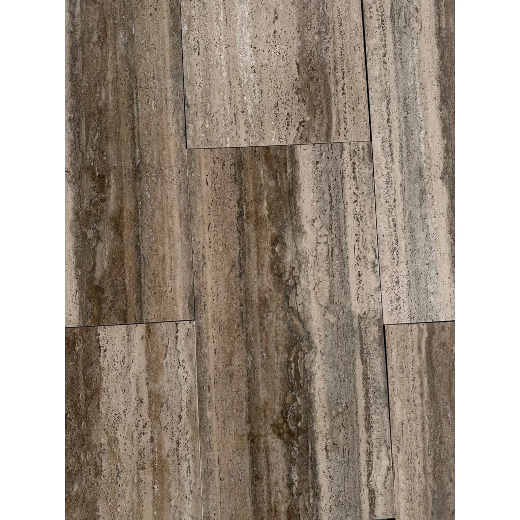 Gray and beige Roman Silver Travertine 18x36 vein-cut tiles with natural texture