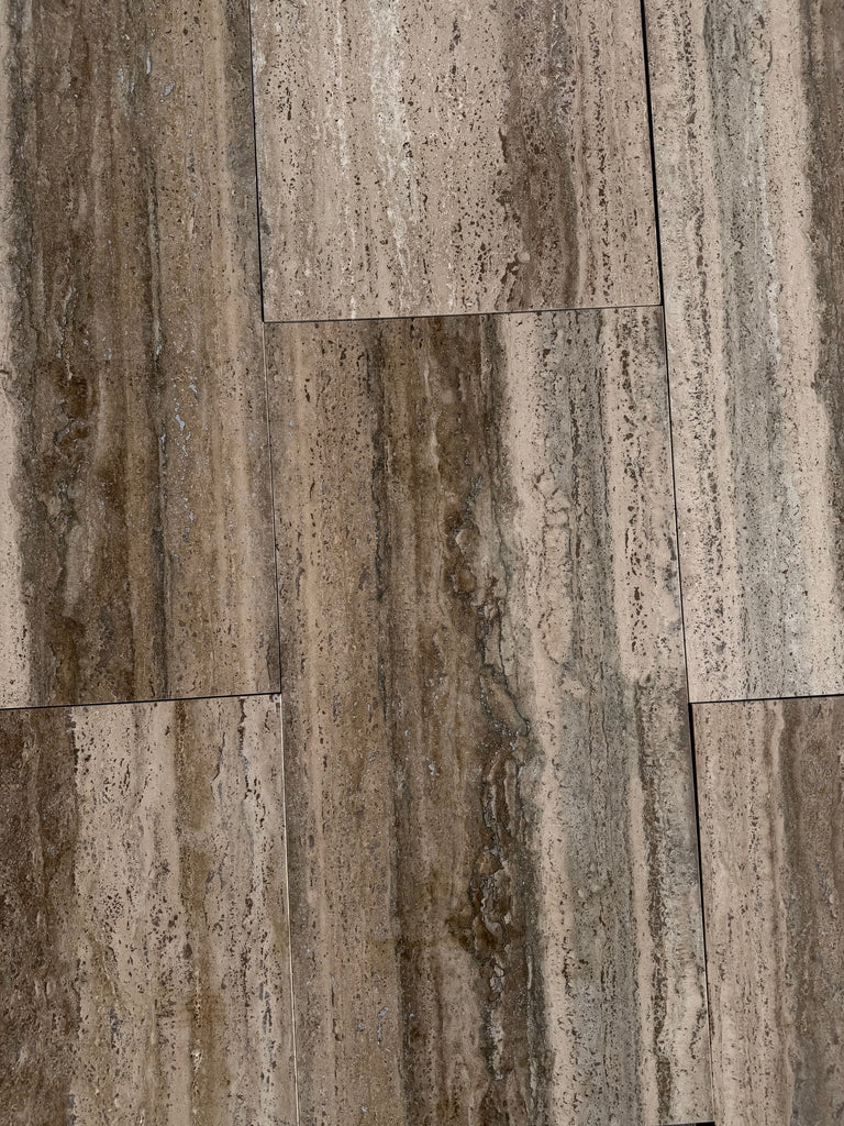 Gray and beige Roman Silver Travertine 18x36 vein-cut tiles with natural texture
