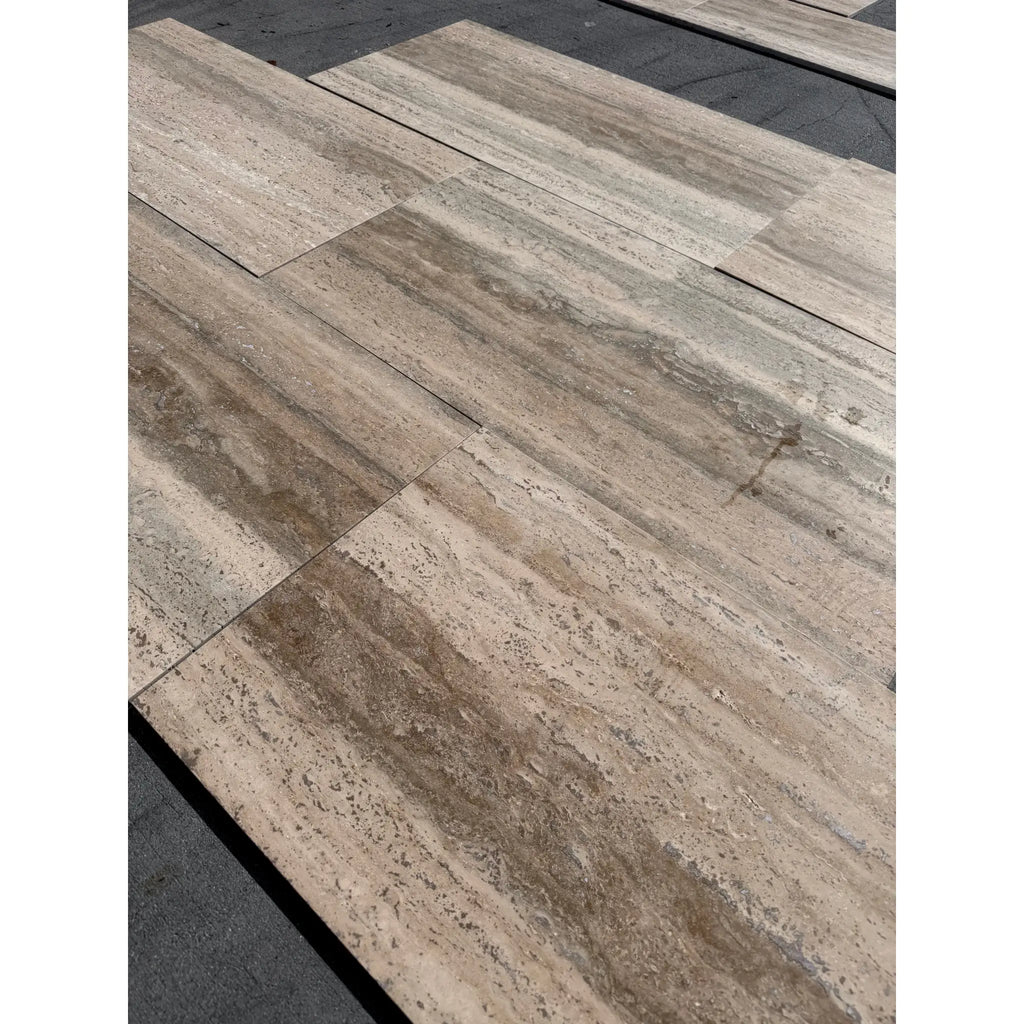 Legno D’argento Striato Roman Silver Travertine 18x36 vein-cut tile with beige gray stone and wood grain