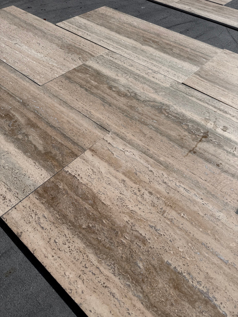 Legno D’argento Striato Roman Silver Travertine 18x36 vein-cut tile with beige gray stone and wood grain