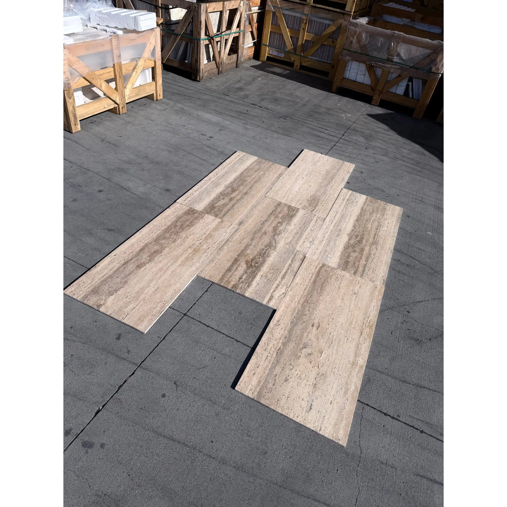 Beige wood-grain Legno D’argento Striato tiles in staggered pattern