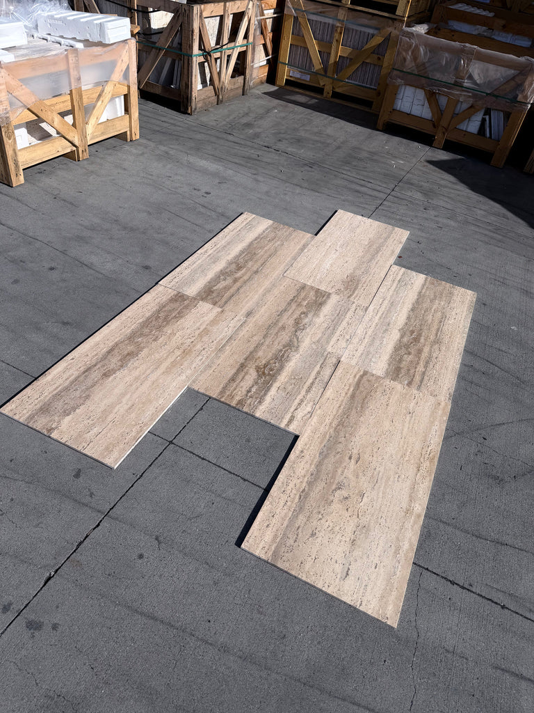 Beige wood-grain Legno D’argento Striato tiles in staggered pattern