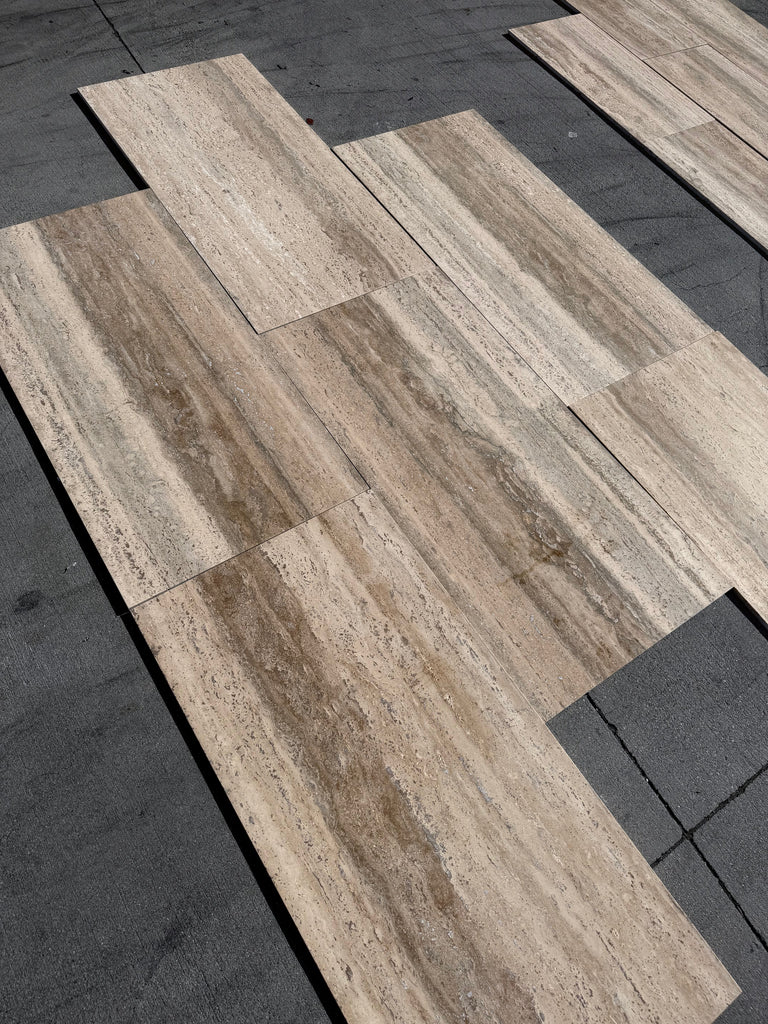Legno D’argento Striato Roman Silver Travertine 18X36 Vein-Cut Tile with beige and brown stone in natural wood grain pattern