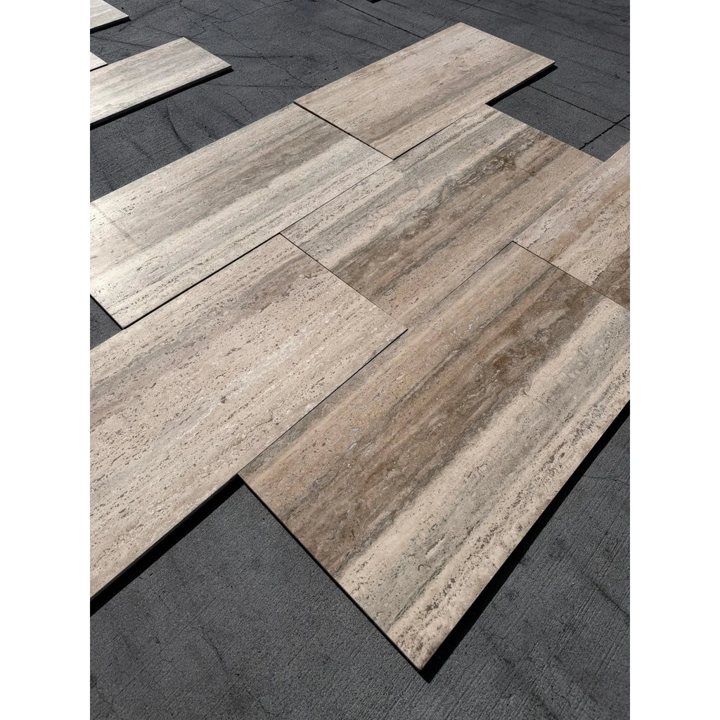 Legno D’Argento Striato Roman Silver Travertine 18x36 vein-cut tile