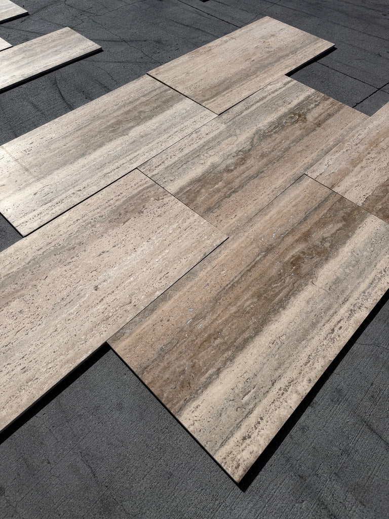Legno D’Argento Striato Roman Silver Travertine 18x36 vein-cut tile