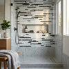 AI-generated shop-the-look image showing natural stone tile styled in a room setting