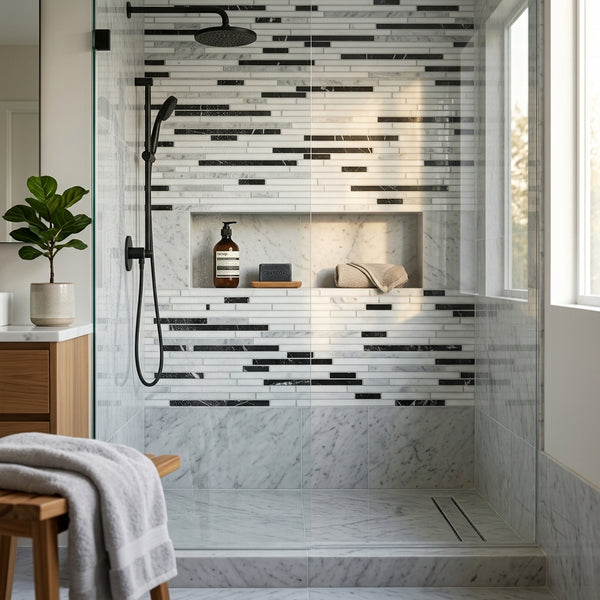 AI-generated shop-the-look image showing natural stone tile styled in a room setting