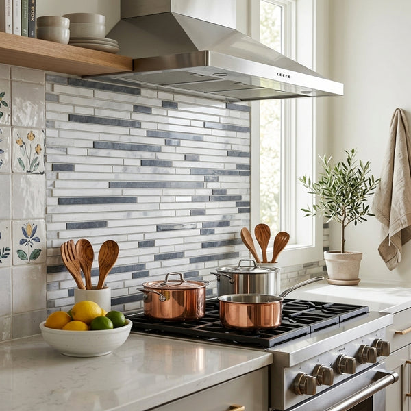 AI-generated shop-the-look image showing natural stone tile styled in a room setting