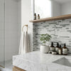 AI-generated shop-the-look image showing natural stone tile styled in a room setting