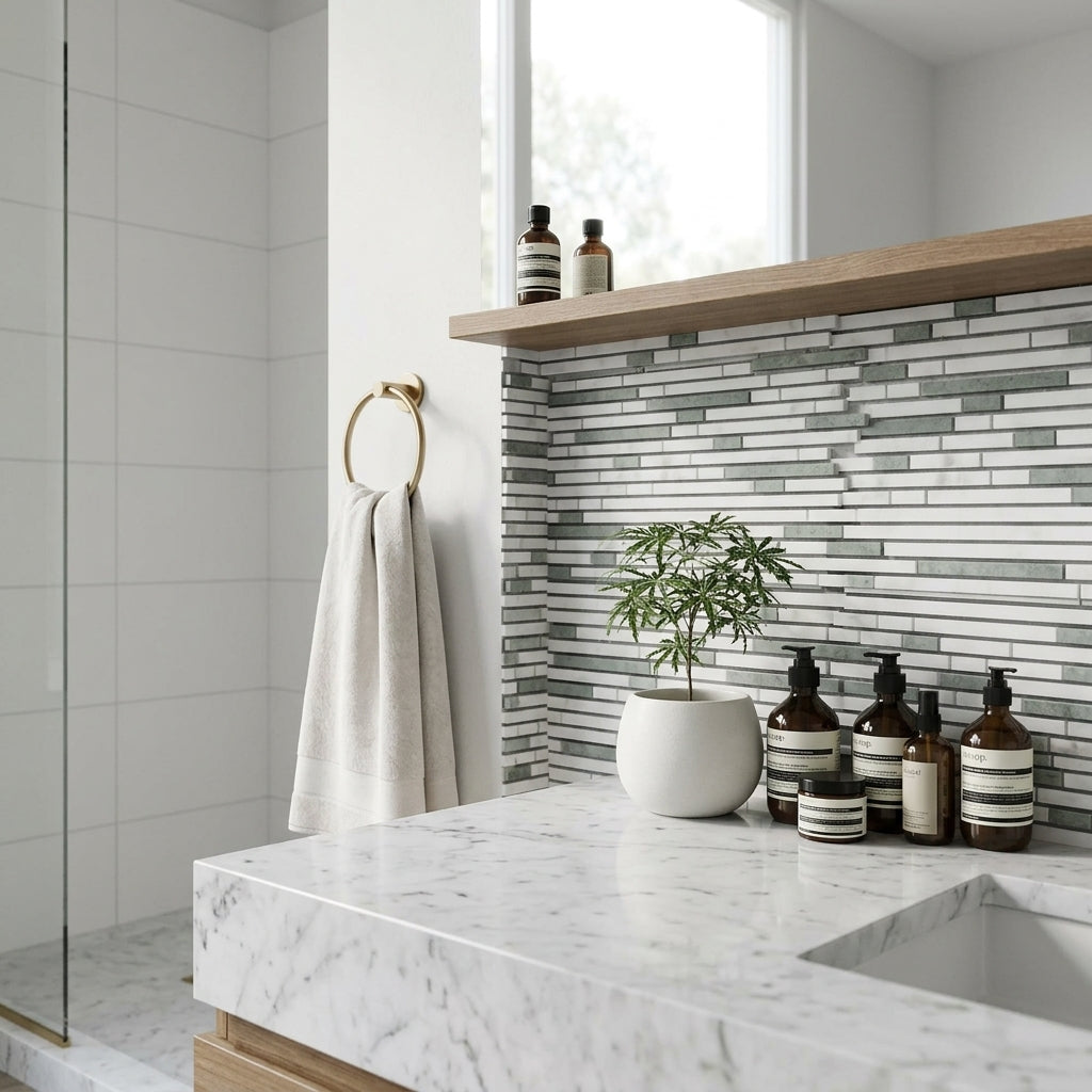 AI-generated shop-the-look image showing natural stone tile styled in a room setting