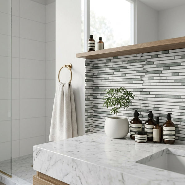 AI-generated shop-the-look image showing natural stone tile styled in a room setting