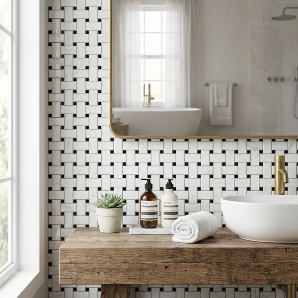AI-generated shop-the-look image showing natural stone tile styled in a room setting
