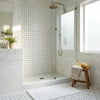 AI-generated shop-the-look image showing natural stone tile styled in a room setting