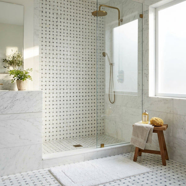 AI-generated shop-the-look image showing natural stone tile styled in a room setting