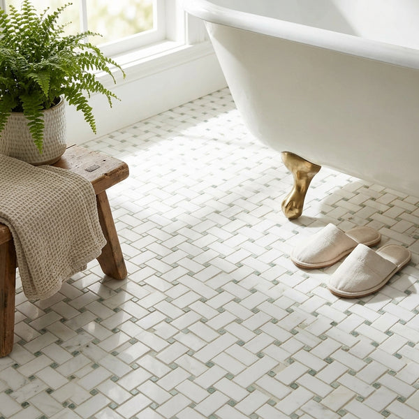 AI-generated shop-the-look image showing natural stone tile styled in a room setting