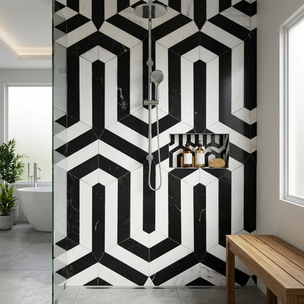 AI-generated shop-the-look image showing natural stone tile styled in a room setting